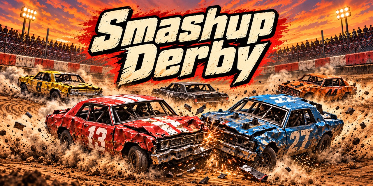 Smashup Derby: damaged red and blue cars collide in a dirt arena
