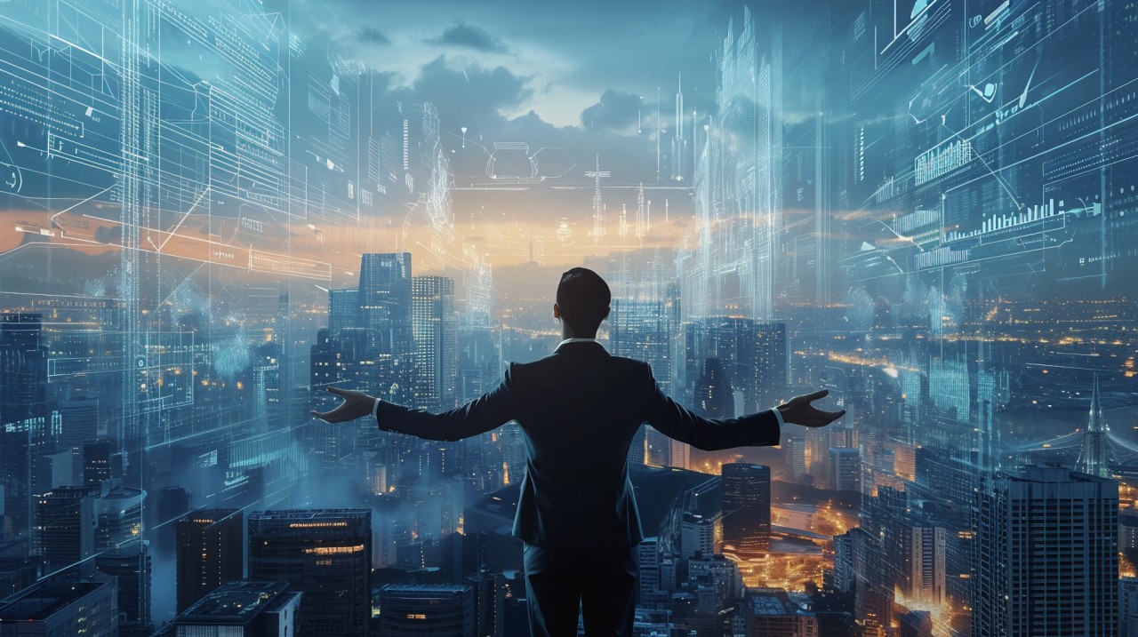 A software architect overlooking a futuristic city filled with digital interfaces